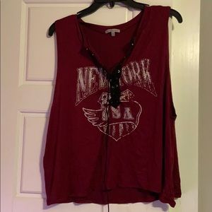 plum colored “new york” muscle tee
